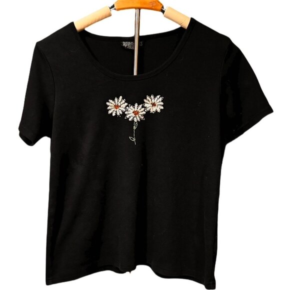 Fashion Classics Women's Floral Top Sequin Black White Orange T-shirt Tee Small - Picture 2 of 8